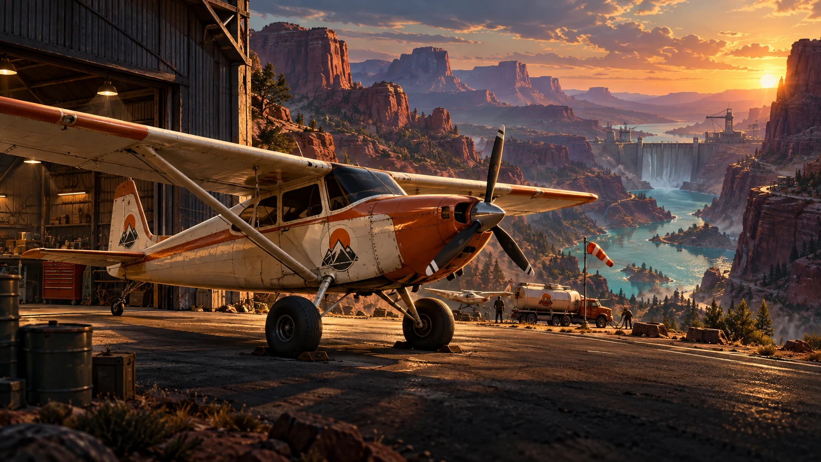 A propeller fighter parked outside a canyon hangar at sunset